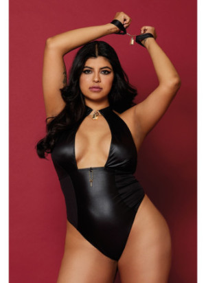 Body wetlook noir  grande taille avec menottes, cadenas bijoux et clé bijou inclus - DG12814XBLK